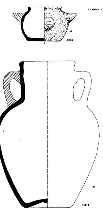 Lámina I. Fig. A: Inv. Gral. 4.209, Vas globular. Fig. B: Inv. Gral. 4.211, Urna cinerària.