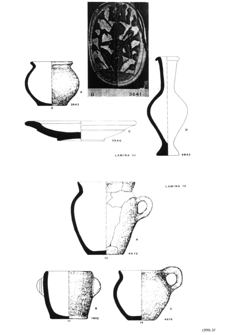 Lámina III. Fig. A: Inv. Gral. 3.643, Olla globular. Fig. B: Inv. Gral. 3.641, Escarabeu. Fig. C: Inv. Gral. 3.640, Plat. Fig. D: Inv. Gral. 3.642, Ungüentari.