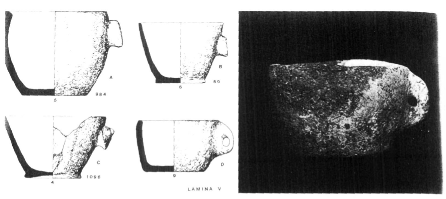 Lámina V. Fig. A: Inv. Gral. 984, Cassola. Fig. B: Inv. Gral. 69, Vas tronco-cònic. Fig. C: Inv. Gral. 1.096, Vas tronco-cònic. Fig. D: Inv. Gral. S.N., Cassola.