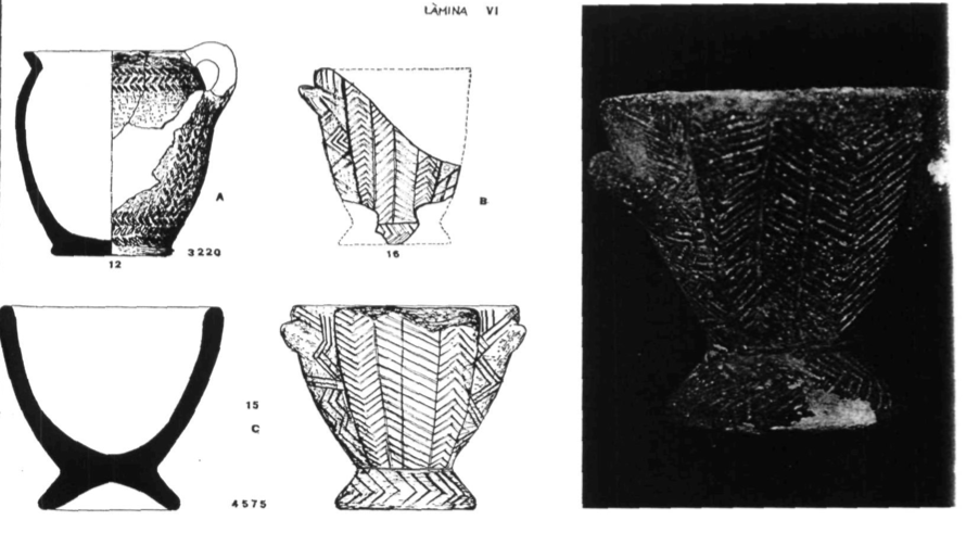 Lámina VI. Fig. A: Inv. Gral. 3.220, Olla globular. Fig. B: Fragment de vas de doble fons (publicat per Vives Escudero). Fig. C: Inv. Gral. 4.575, Vas de doble fons.