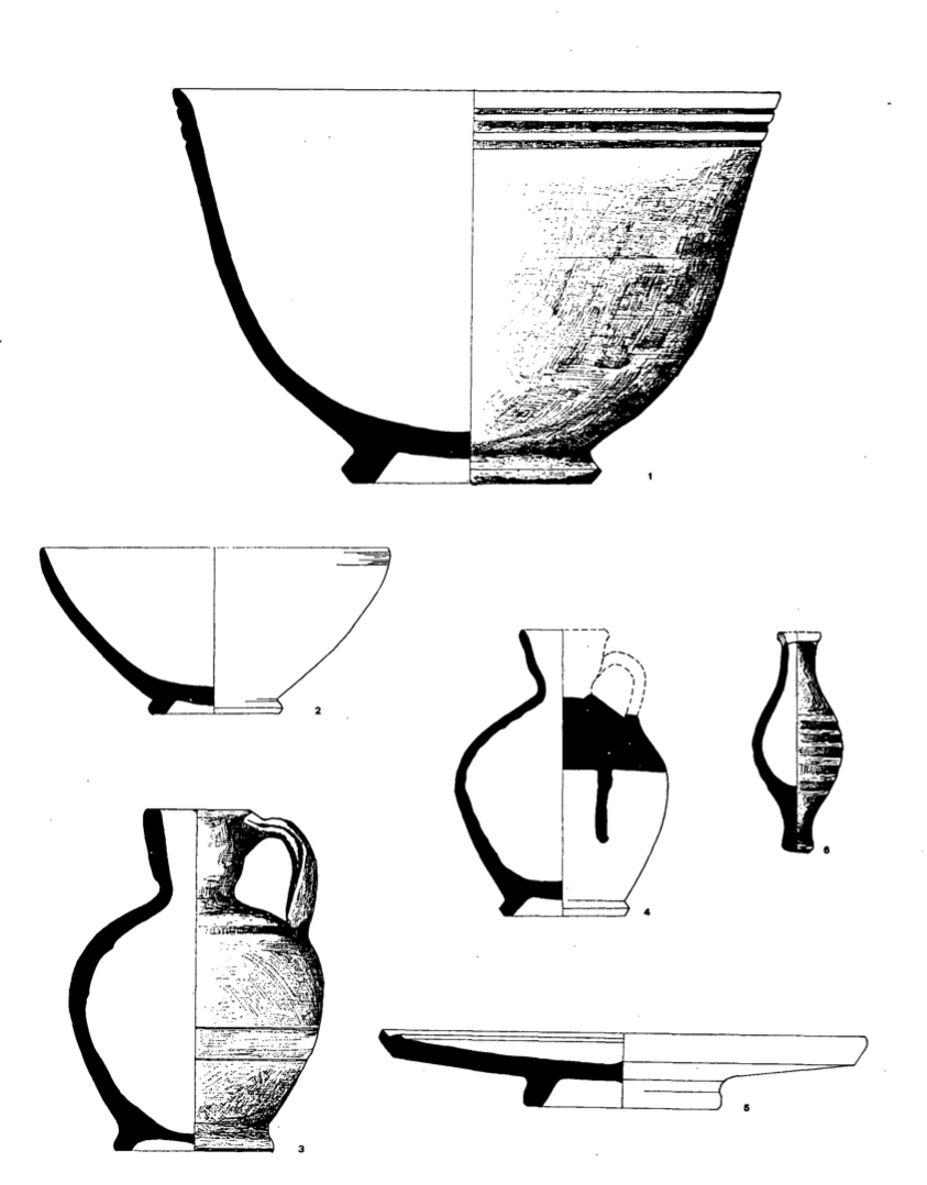 Dibuixos de ceràmica trobada a l'hipogeu (peces 1-6)