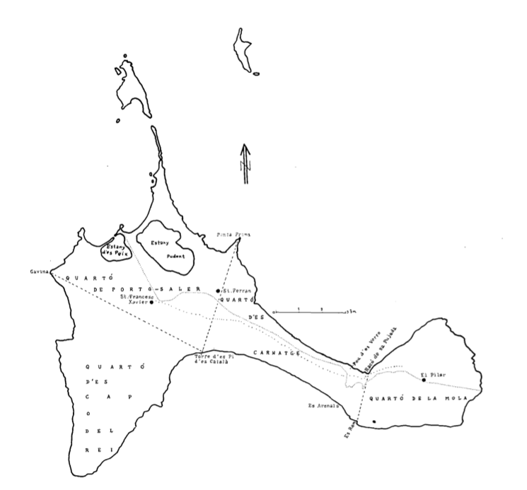 Mapa de Formentera amb els seus quartons