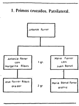 Diagrama genealògic 1: Cosins creuats. Patrilateral.