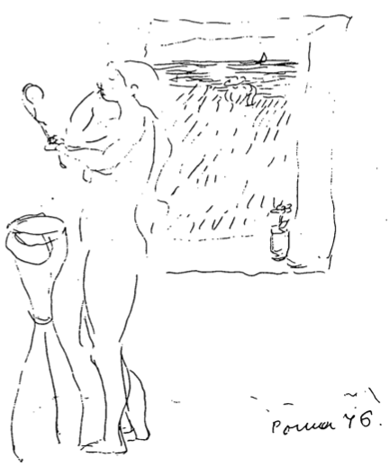 Dibuix de dues figures humanes, una amb una galleda, en un entorn rural amb una casa al fons. Signatura 'Pomar 76.'