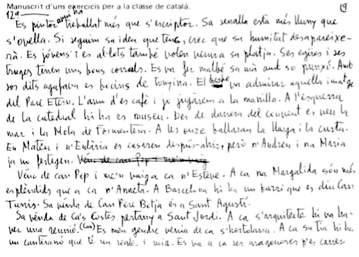 Manuscrit d'uns exercicis per a la classe de català.
