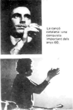 Fotografia en blanc i negre d'un cantant (possiblement Raimon) actuant amb micròfon.
