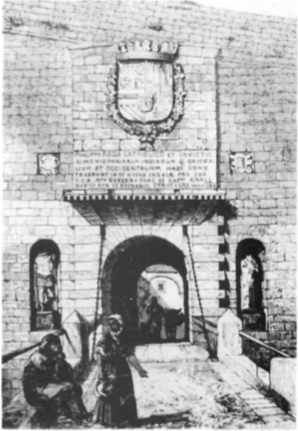 Una evocadora estampa del Portal de ses Taules amb el pont llevadís, deguda a l'Arxiduc Lluís Salvador.