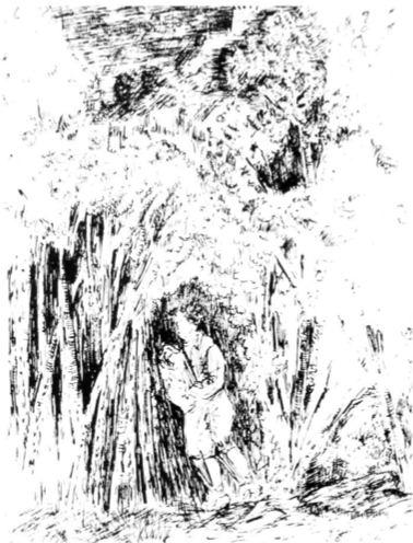 Il·lustració d'un home ajudant un altre home ferit a prop d'un arbre, amb un castell al fons i una figura observant des d'una finestra. Autor: Josep Escandell