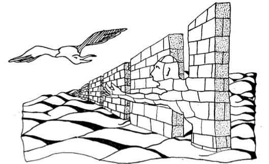 Dibuix d'un paisatge marí amb un mur i un ocell. Autor: Enric Trilles Tur