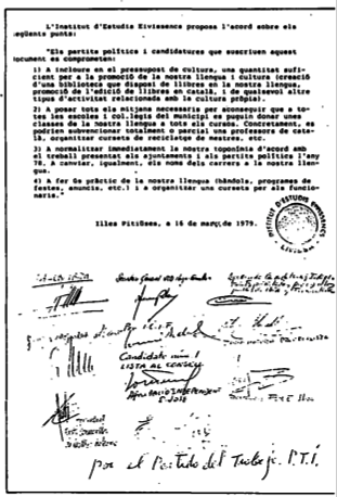 Pactes firmats i no complits: 'signar no costa res'. Document signat per partits polítics.