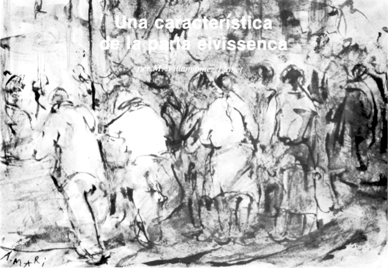Dibuix de A. Marí Ribas representant una escena pagesa tradicional d'Eivissa, possiblement una conversa o reunió a l'interior d'una casa.