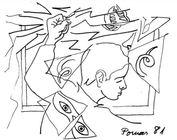 Dibuix abstracte d'una cara de perfil i altres elements facials dispersos. Signat Pomar 81