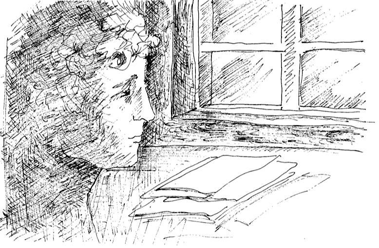Il·lustració d'una finestra i papers sobre una taula. Autor: Josep Escandell