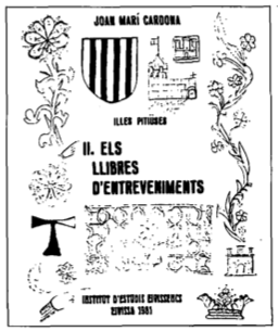 Coberta del llibre 'Illes Pitiüses II. Els Llibres d'Entreveniments' de Joan Marí Cardona, editat per l'Institut d'Estudis Eivissencs el 1981.