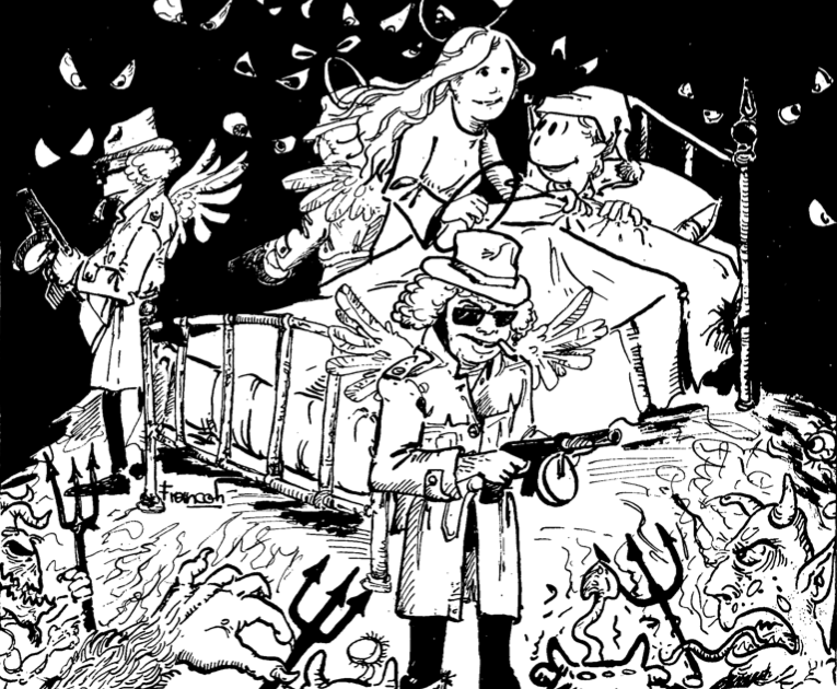 Il·lustració d'un àngel i dimonis al voltant d'un llit