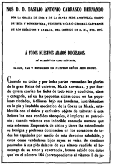 Encapçalament i primeres línies d'una carta pastoral del bisbe Basilio Antonio Carrasco (1850).