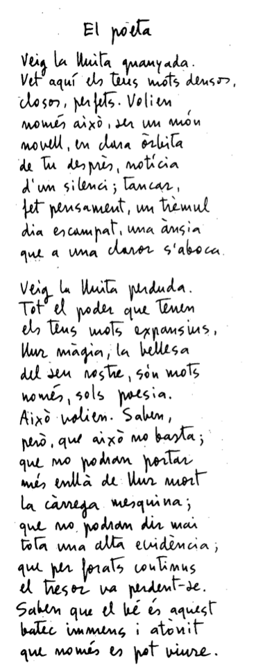 Text manuscrit de El Poeta, que figura a El color de les paraules.