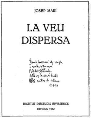 Portada del llibre de Josep Marí illustrada amb el manuscrit d'un poema.