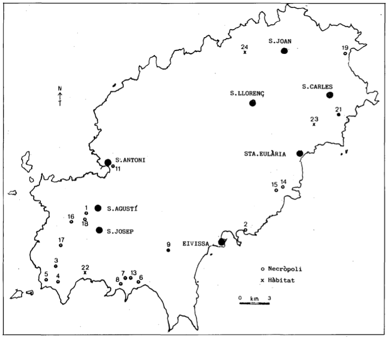 Mapa d'Eivissa mostrant la ubicació de necròpolis (cercles) i hàbitats (creus) púnics i púnico-romans mencionats al text.