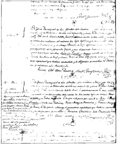 Partida de bateig de Rita Flores. La mancança de qualsevol referència a pares llegitims, típica de les inscripcions baptismals dels infants de les esclaves, caracteritza també aquesta fe de bateig d'una filla de Maria Flores, esclava del patró Bernat Guasch. Vint anys després, Vicent Coll Gario, rector de l'església del Salvador esborrà el nom d'esclava de dita inscripció perquè, com es llegeix al marge: «Por decreto de S.M., a veinticuatro de noviembre de 1824, se declaró la injusta esclavitud en que se hallaban María Flores y su hija Rita y manda el Rey se borre de este libro el nombre de esclava. Y (en virtud) de esta real resolución y de orden de S.S. Ilma. borré de esta partida el nombre de esclava. S. Salvador y enero 22 de 1825. Vicente Coll. Regente».