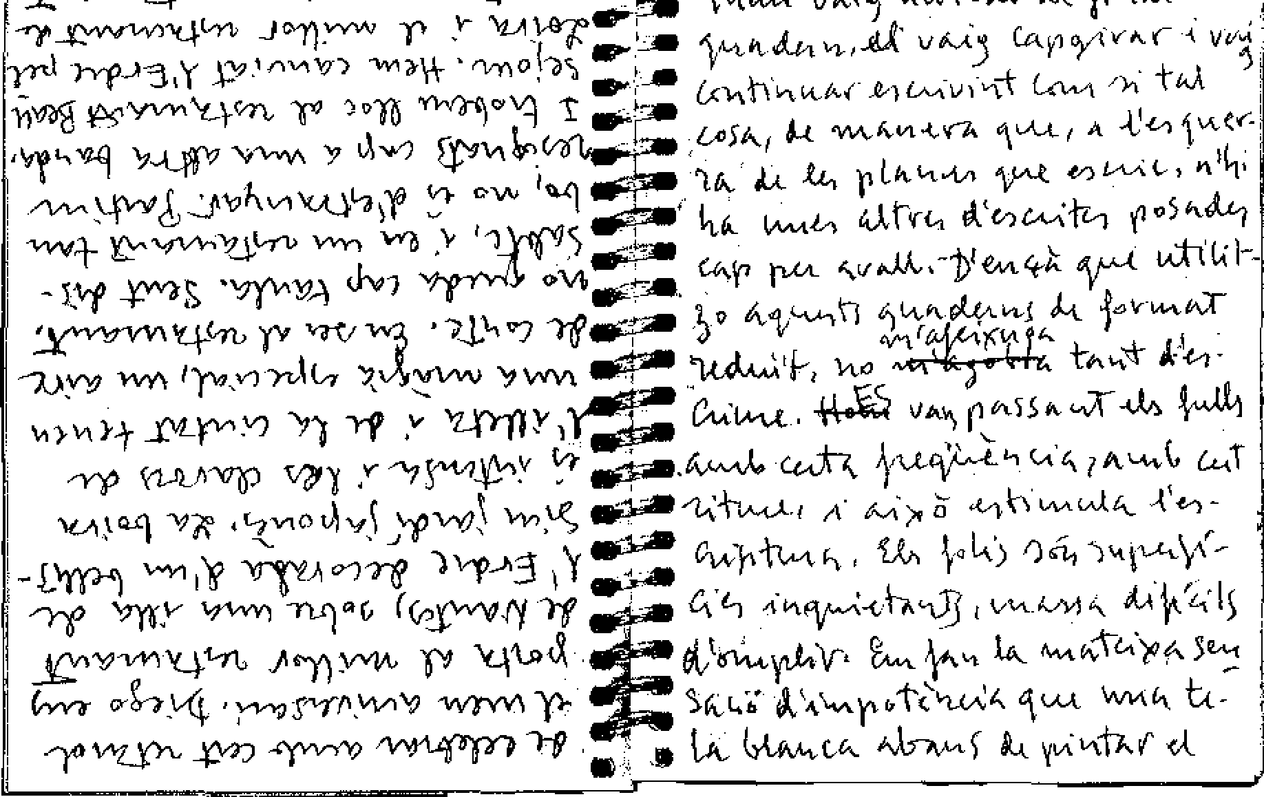 Quan vaig arribar al final del quadern, el vaig capgirar i vaig continuar escrivint com si tal cosa, de manera que, a l'esquerra de les planes que escric, n'hi ha unes altres d'escrites posades cap per avall.