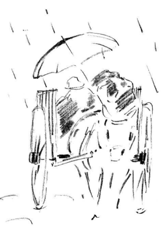 Il·lustració d'un home en un carro sota la pluja intensa, protegit per un paraigua