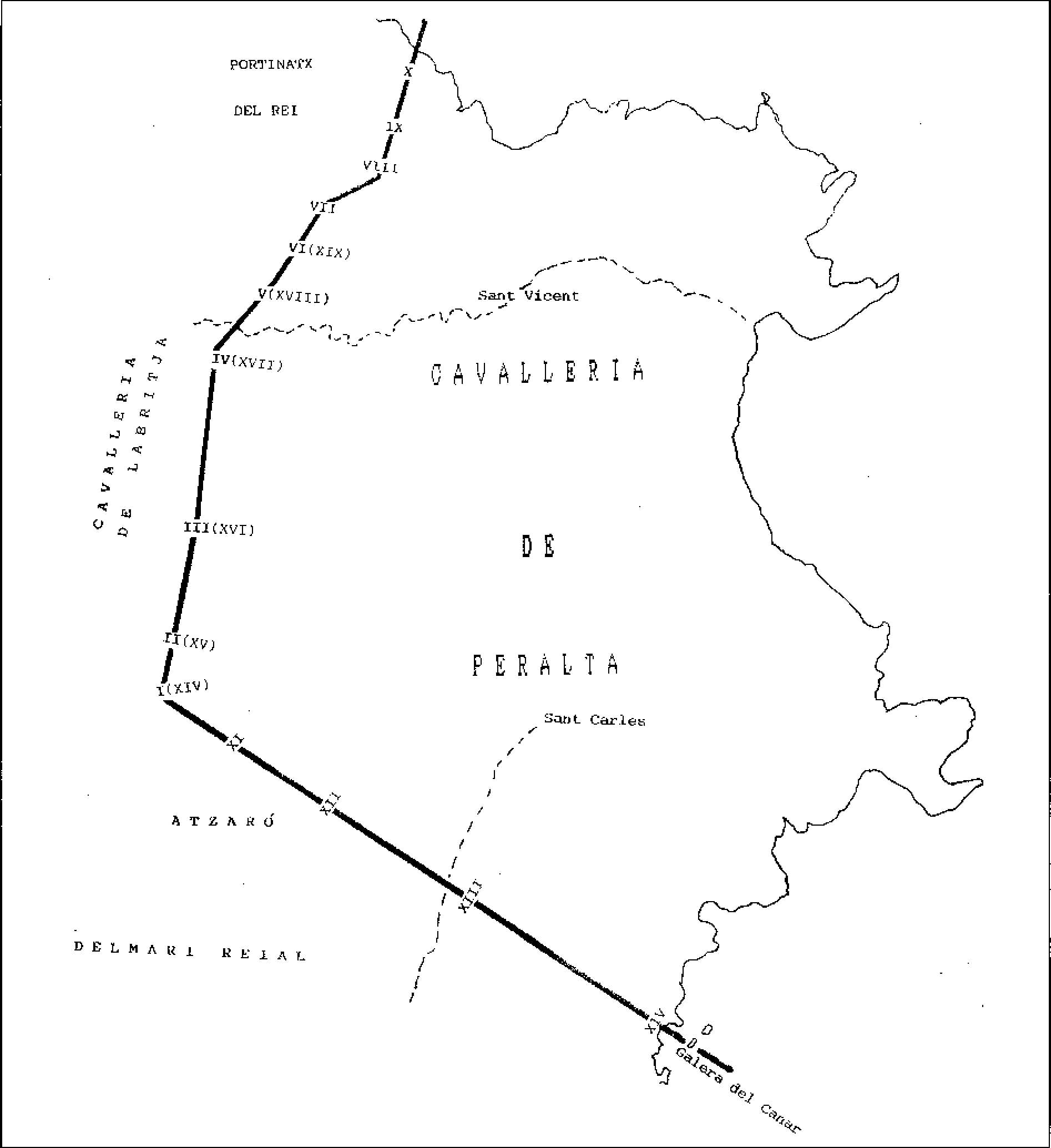 Mapa de la Cavalleria de Peralta amb les fites marcades