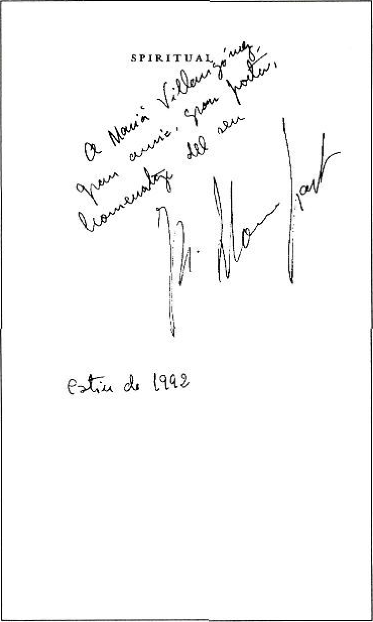 Dedicatòria a M. Villangómez de Spiritual, darrer llibre original de Josep Maria Llompart.