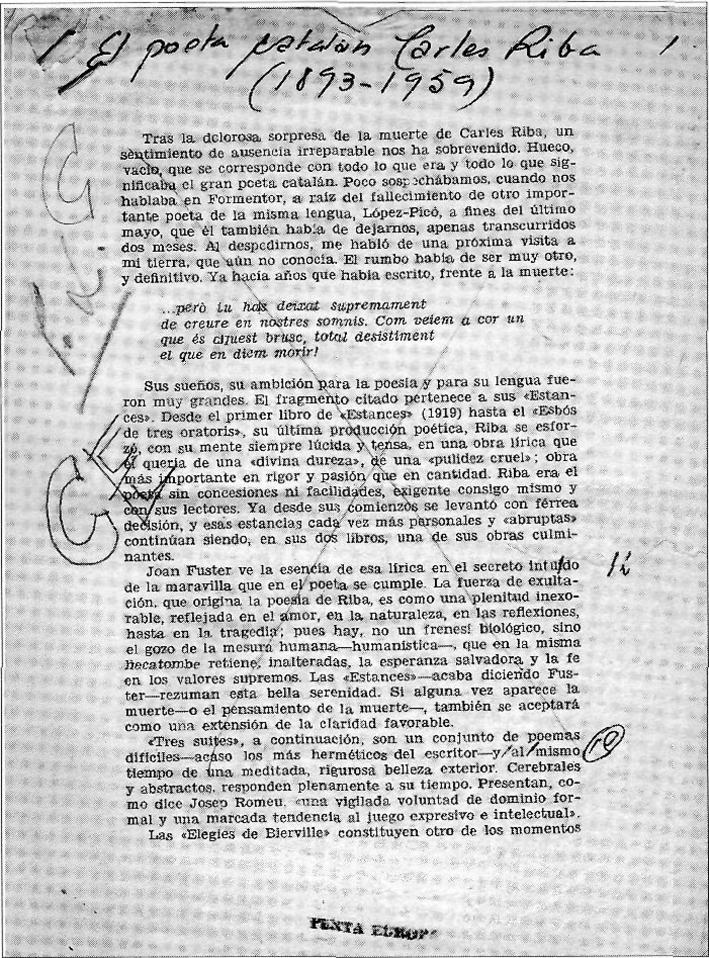 Primera pàgina de les proves d'impremta censurades d'un article de M. Villangómez sobre Carles Riba (1959).