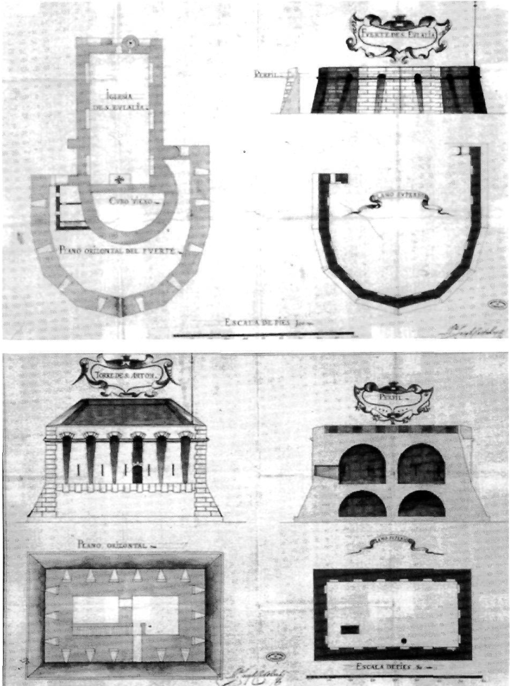 Plànols de la torre de Sant Antoni i de la reforma de l'església de Santa Eulària des Riu, projectats per Josep Castellón (1683).