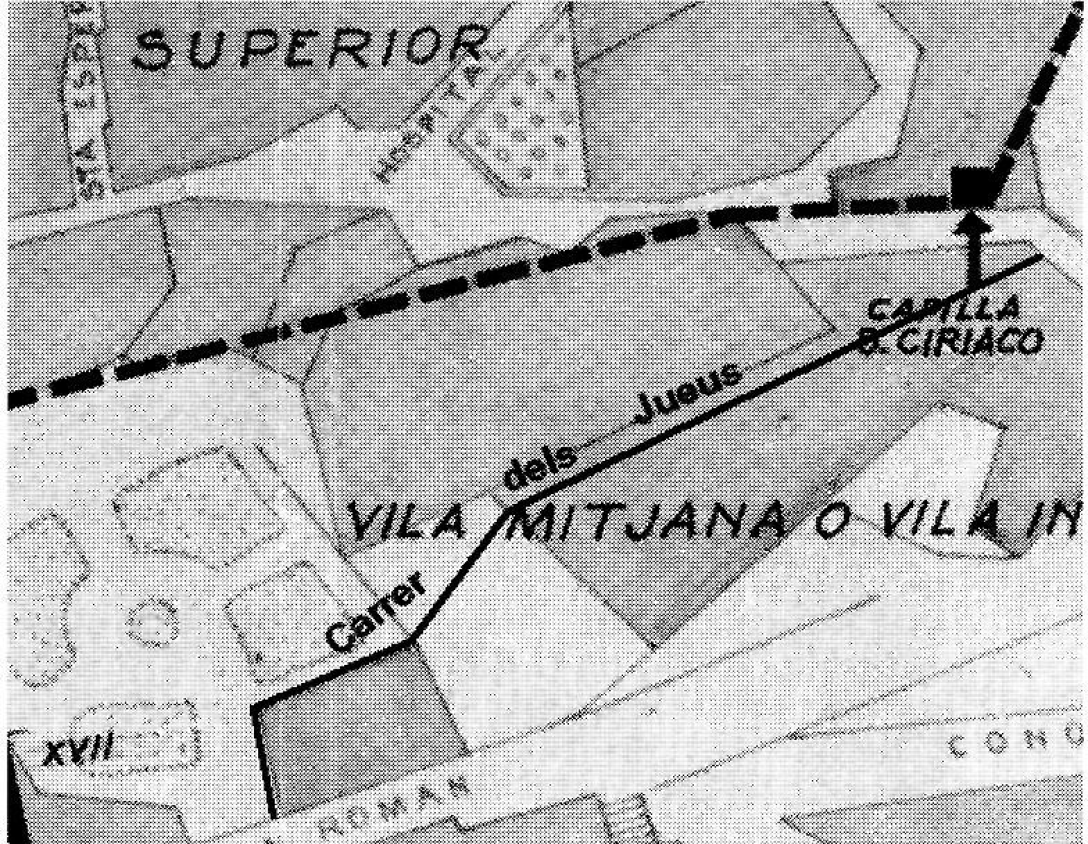 Probable traçat del carrer dels Jueus, dibuixat sobre el plànol del llibre d'Antoni Costa Ramon: La triple muralla de la Ibiza árabe. 1962.