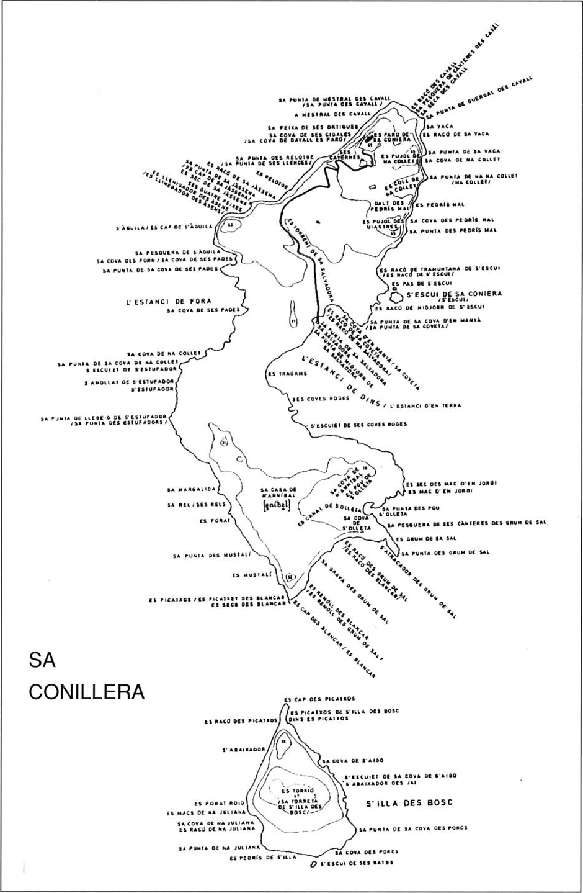 Mapa toponímic de l'illot de sa Conillera, per Cosme Aguiló. Palma, 1989.