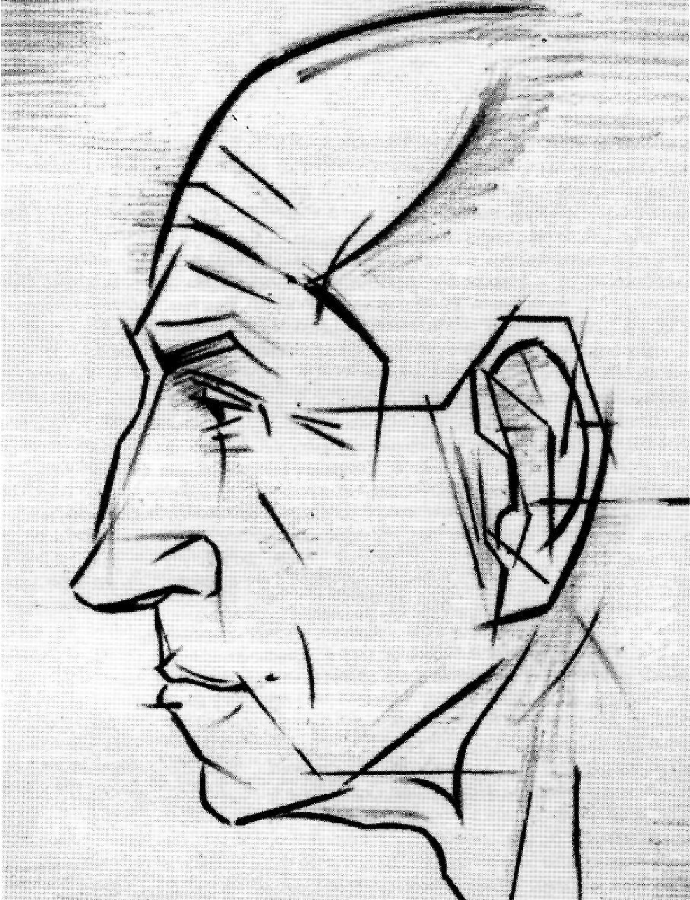 Salvador Espriu dibuixat per Subirachs. Il·lustració del llibre del poeta D'una vella i encerclada terra, publicat l'any 1980.