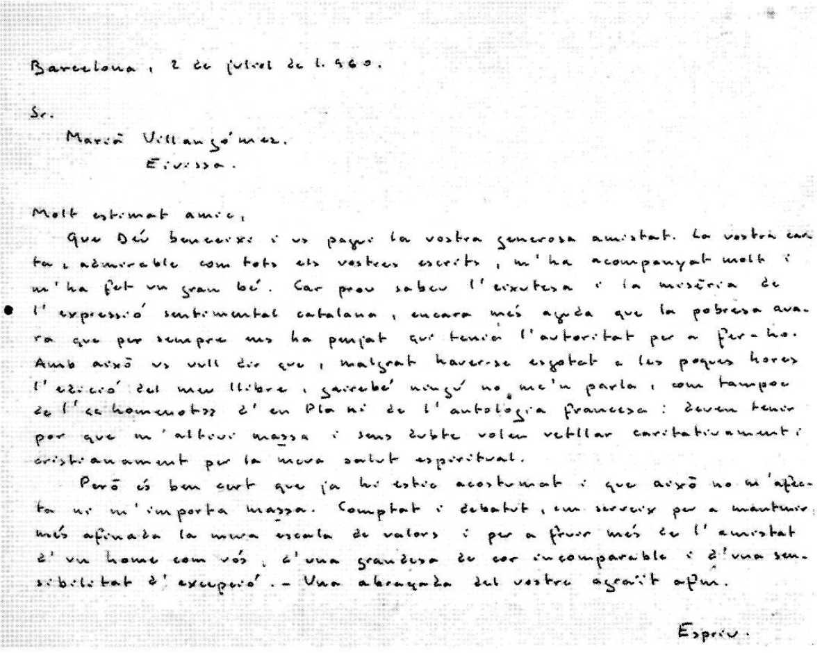 Reproducció, en dimensions reals, de la carta de Salvador Espriu a l'autor de l'article, datada el 2 de juliol de 1960.