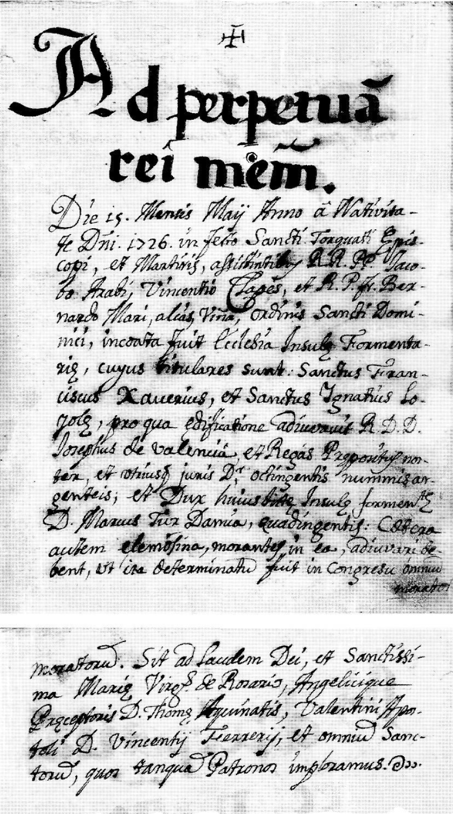 1728. Primera pedra de l'església. Document manuscrit commemorant la col·locació de la primera pedra.