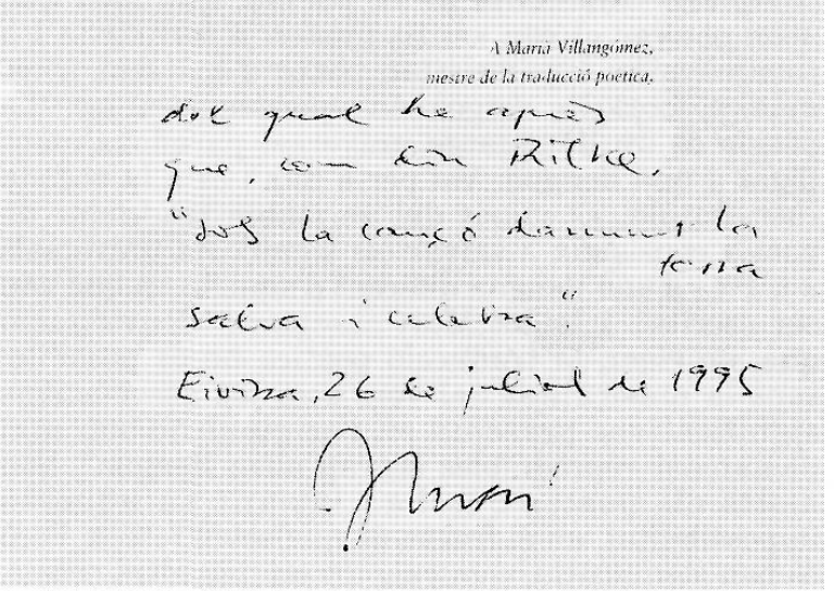 Dedicatòria manuscrita dels Sonets a Orfeu