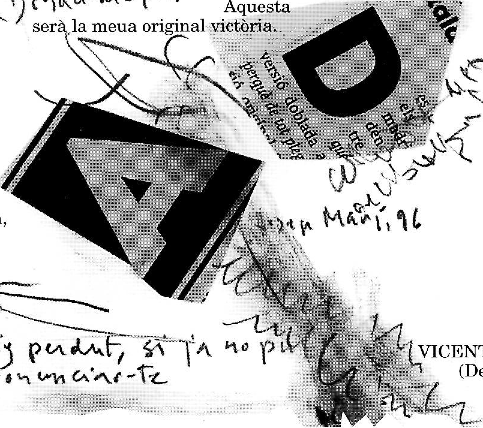 Collage de lletres i fragments de text: ter, n, R, o, W, P, U, S, A, D