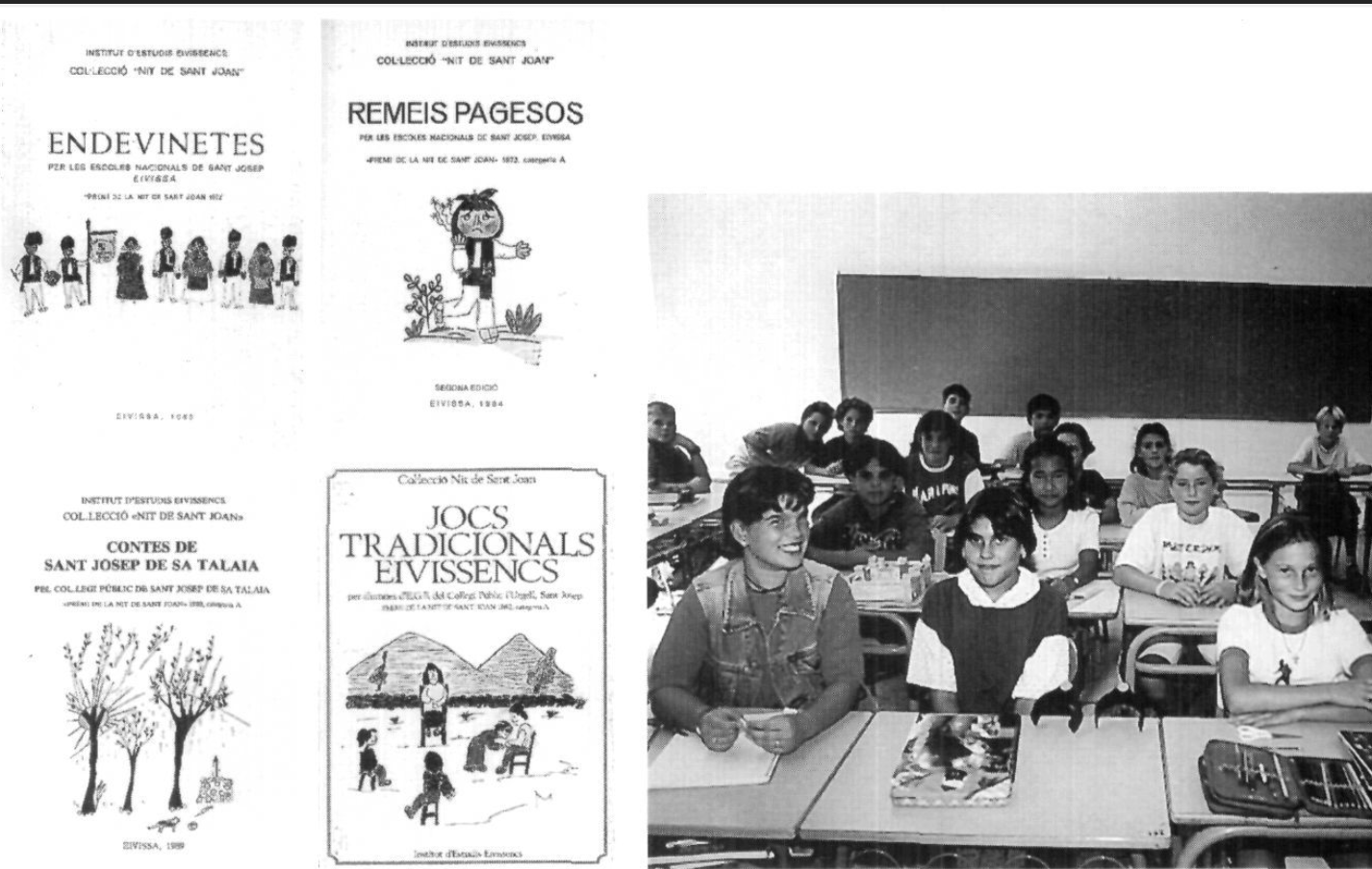 D'esquerra a dreta: quatre llibres del Col·legi l'Urgell guardonats amb el Premi de la Nit de Sant Joan; un grup d'alumnes del col·legi; i, finalment, una vista general del col·legi l'Urgell. (Foto: Vicent Ribas 'Trull'.)