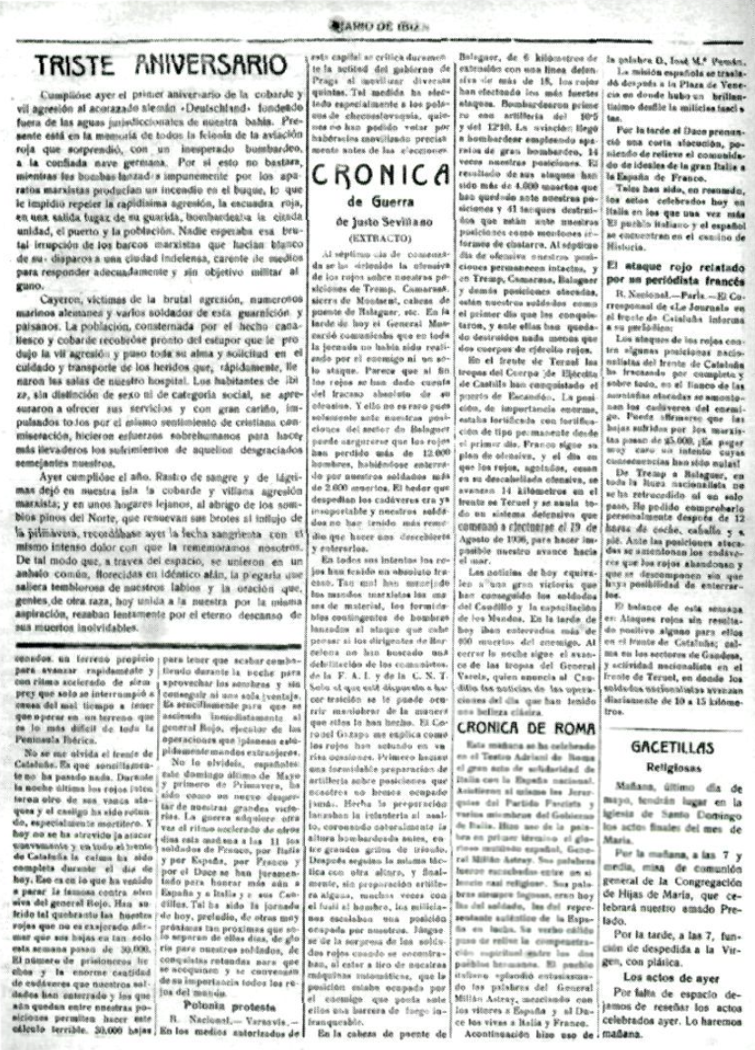 Pàgina del Diario de Ibiza del dia trenta de maig de 1938 on apareix la notícia de l'aniversari del bombardeig del Deutschland.