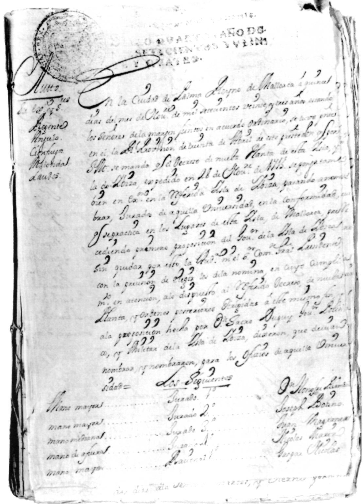 El decret del 28 de novembre de 1715 estableix la Nova Planta a les illes i, com a conseqüència, quedà abolit l'antic sistema basat en la Universitat i els jurats. Desaparegué així l'organisme de la nostra autonomia. (Document de l'Arxiu Històric de l'Ajuntament d'Eivissa.)