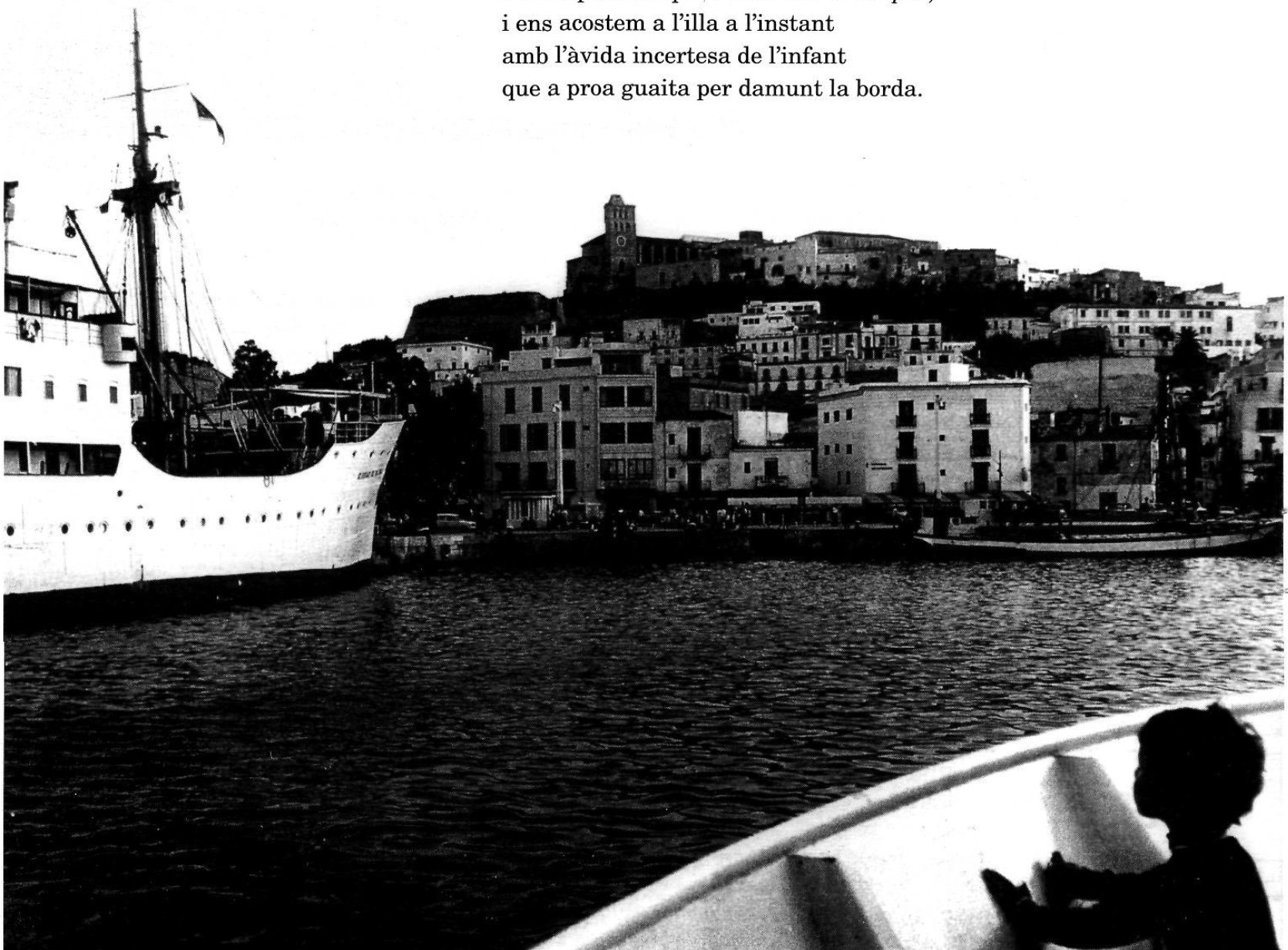 Vaixell atracat al port amb la ciutat al fons