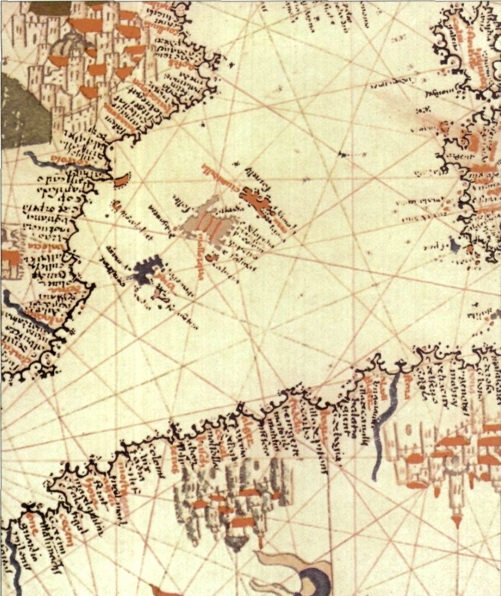 Detall del cartulà de Mateu Prunes (1563), de tradició medieval, en el qual apareixen, de dreta a esquerra sobre la costa africana, en tinta vermella, Bona, Alcoll, Bíger, Bugia, Tedeliç i Alger, ciutats portuàries algunes de les quals patiren l'escomesa de l'Armada Santa. A l'altra pàgina, representació d'un vaixell que ornamenta el cartulà. (Biblioteca Nacional, Madrid.)