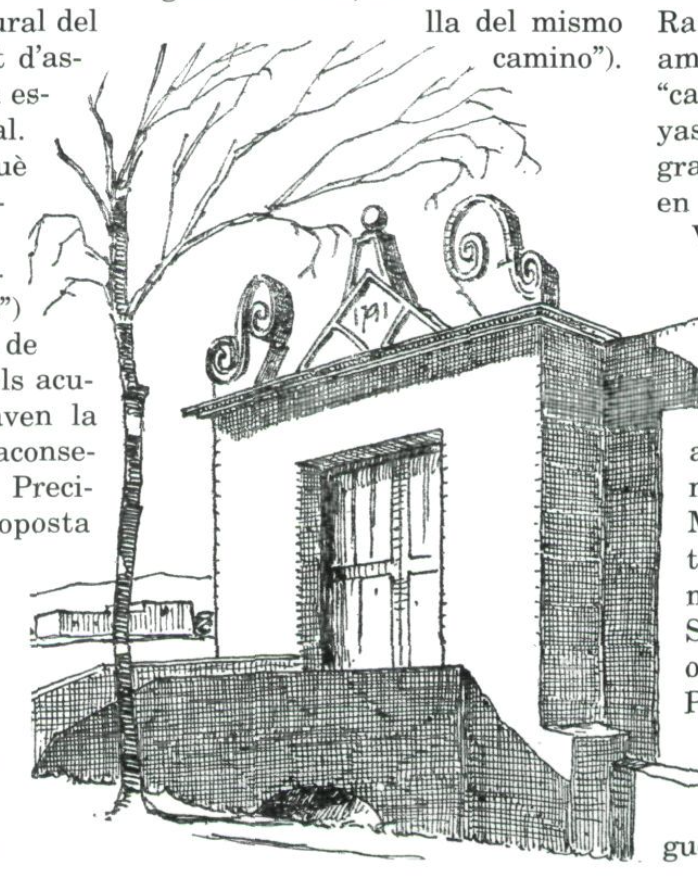A la dreta, dibuix d'un portal de feixa; va ser devora d'un d'aquests portals que Esperança Escandell va caure assassinada pel seu marit. (Dibuix: A. Baeschlin, Ibiza, Ed. Vilanova, València, 1934.)