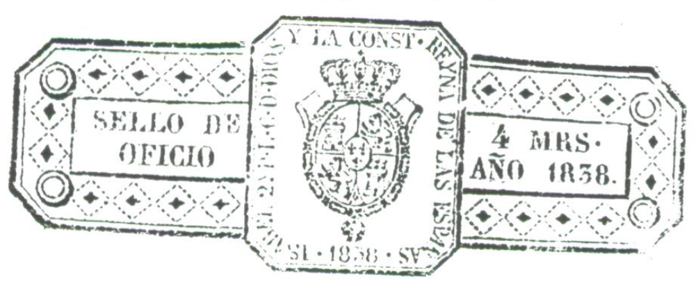 Timbre a nom d'Isabel II que apareix a les pàgines de l'expedient judicial conservat a l'AHME.