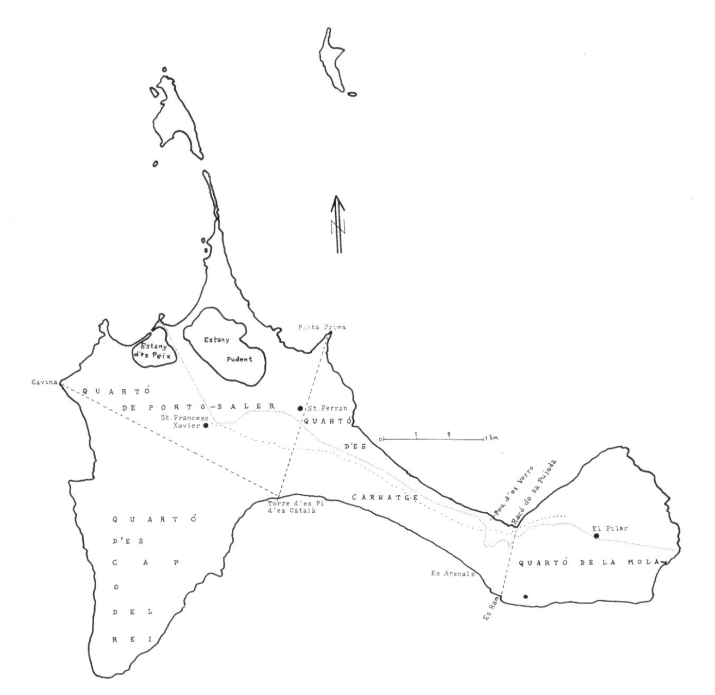 Mapa de Formentera amb la divisió en quartons