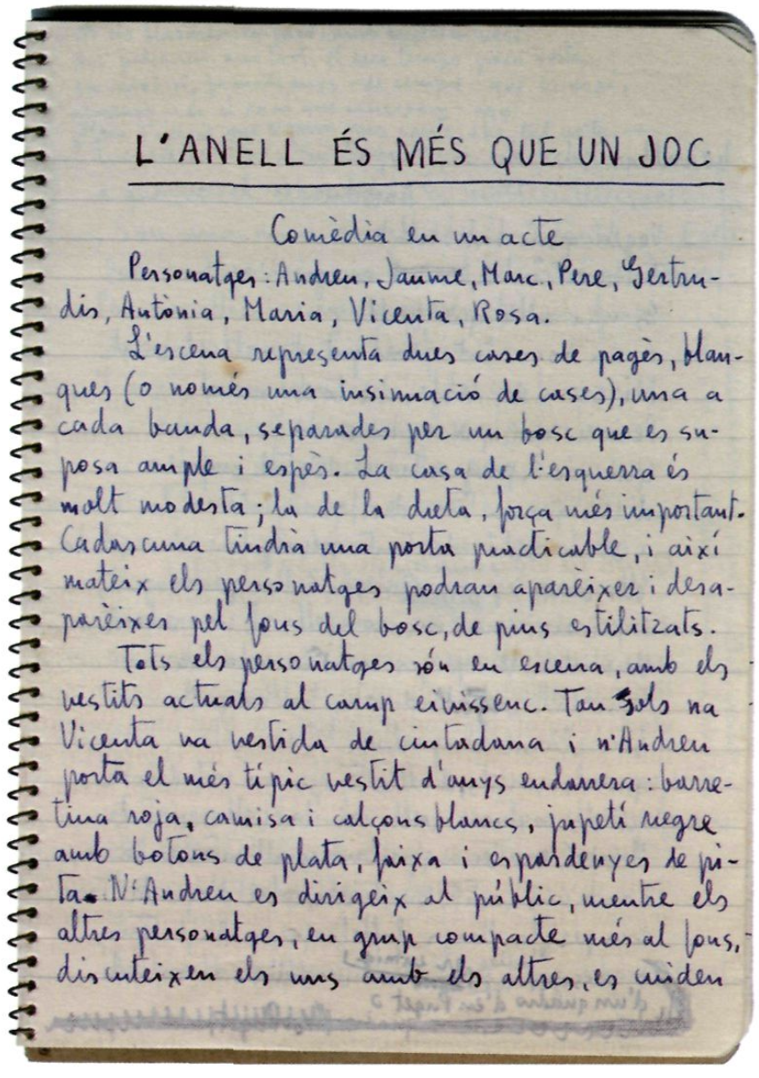 La primera plana de L'anell és més que un joc, en versió manuscrita original de Marià Villangómez. (Llegat M. Villangómez, IEE.)