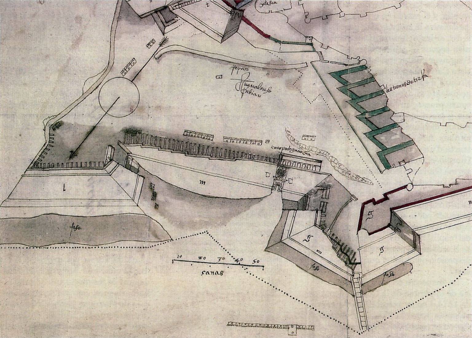 Juan Alonso Rubián, Plaza de ibiza y alrededores, "1579" [10 de gener de 1578?], fet a ploma, aquarel·la, 380 x 290 mm. (SGE, armari G/bis, prestatge 3r, carpeta 4a, núm. 171.)