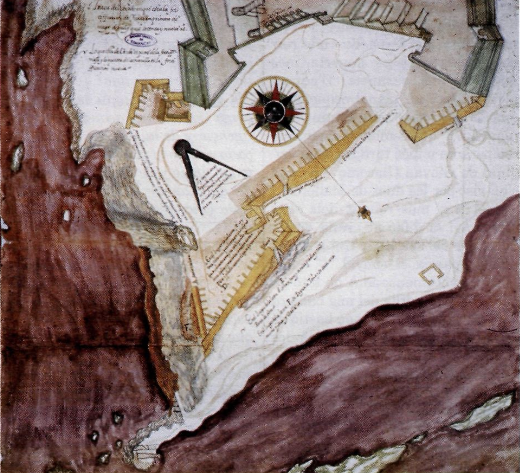 [Juan Alonso Rubián], Traça del estado en que está la fortificaçión de Iviça en primero de mayo de mil y quinientos setenta y nueve años, primer de maig de 1579, fet a ploma, aquarel·la, 408 x 388 mm. (AGS, Mapes, plànols i dibuixos, XV/4.)