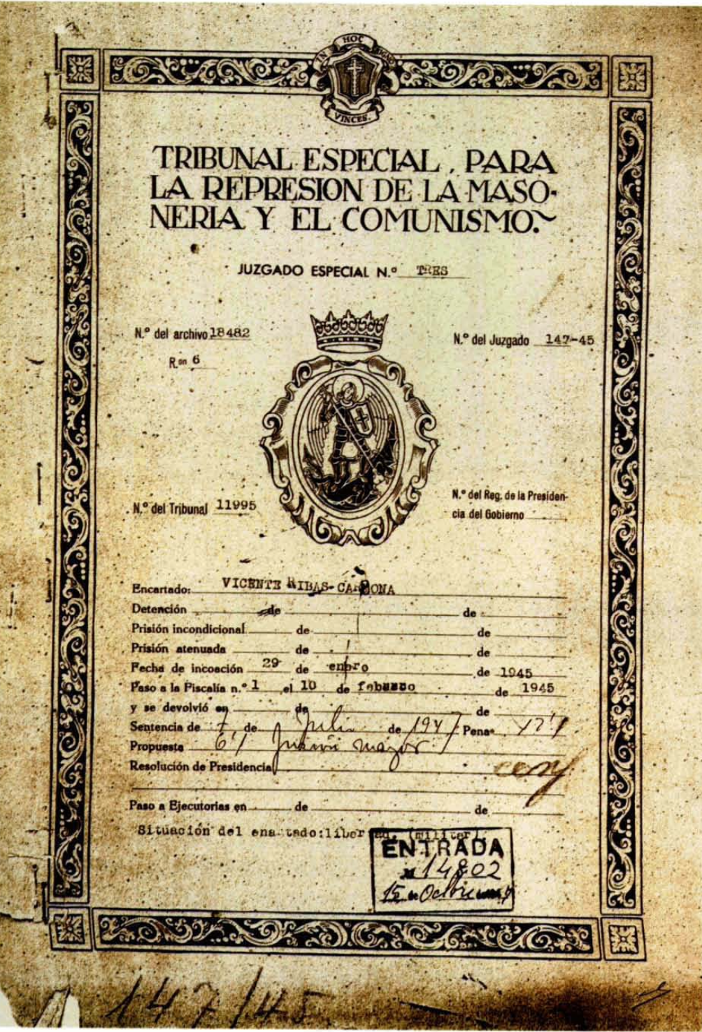 Expedient que se li va obrir a Vicent Ribas Cardona per la seua suposada pertinença a una lògia maçònica, l'any 1945.