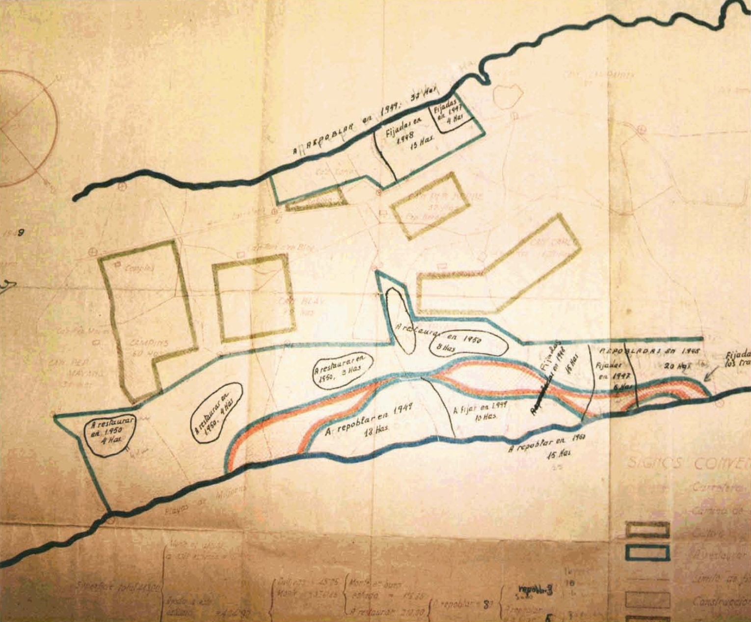 Plànol general de l'indret amb la zonificació d'actuacions realitzat per J. Ximénez de Embún. (Foto: Dunas Formentera Exp. nº 48.)